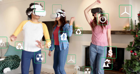 Standing three women wearing casual clothes using floating AR icons in living room, VR headsets....