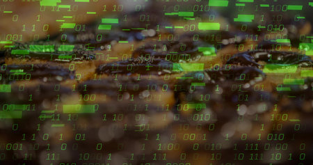 Showing glossy roasted coffee beans shining with oil in macro close-up, featuring green binary bars....