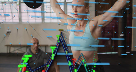 Lifting woman wearing blue sports bra pressing barbell overhead at gym with AR overlay and windows....