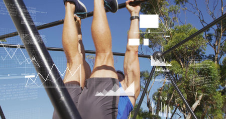 Hanging mid-adult man in workout clothes raising legs on outdoor pull-up bar, with data overlays....