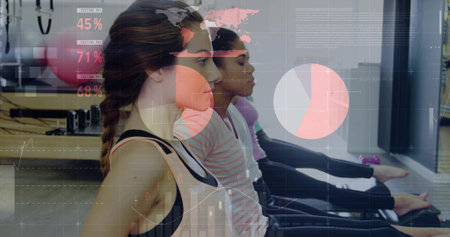 Working three women wearing athletic wear doing reformer exercises in studio with overlaid graphics....