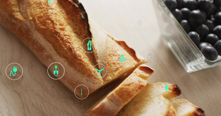 Displaying sliced crusty baguette resting on light wood with blueberry bowl and green UI icons....