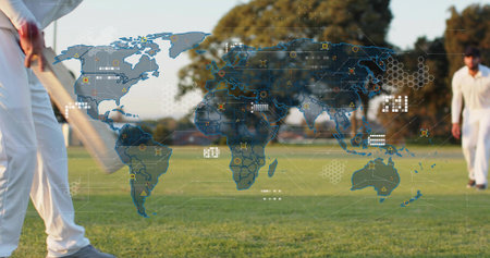 Holding left batsman in whites preparing shot at park, wooden bat, world map overlay, copy space....