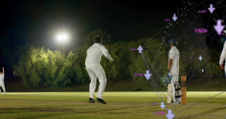 Delivering bowler leaping forward in white kit on night grass field with stumps and purple overlay....
