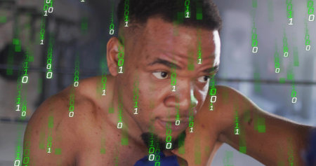 Leaning shirtless male boxer focusing in boxing ring, with blue hand wrap and green binary overlay....