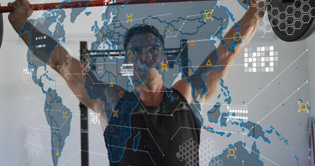 Lifting man in black tank top pressing Olympic barbell overhead in garage gym, HUD overlay. Athlete,...
