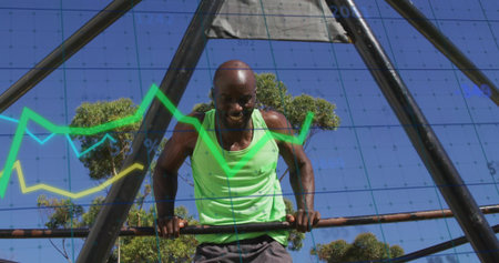 Gripping man doing dip on outdoor rusted bar frame in neon-green top and dark-shorts, chart-overlay....