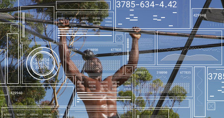 Pulling shirtless man in baseball cap and shorts doing pull-up on park metal bar with HUD-overlays....