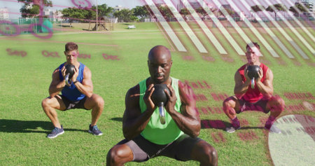 Squatting three men holding kettlebells in park, in sleeveless tops and sneakers with faint overlay....