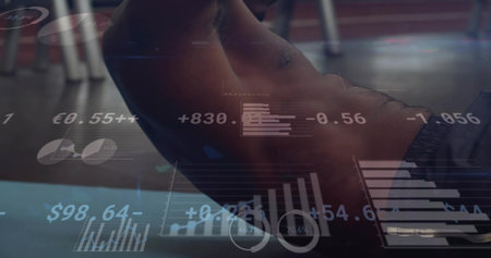 Crunching bare-chested adult male wearing dark shorts on gym mat, with financial HUD overlays....