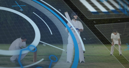 Standing batsman wearing helmet and pads holding bat vertically on grass pitch, with HUD overlays....