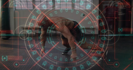 Performing shirtless male lunging and crawling on rubber gym floor, with HUD overlay. Movement, gym,...