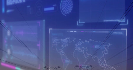 Displaying central dashboard panel over power pylons at horizon, showing world map, HUD graphs....
