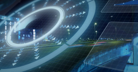 Glowing futuristic HUD overlaying elevated highway at night, showing ring, arrows, light trails....
