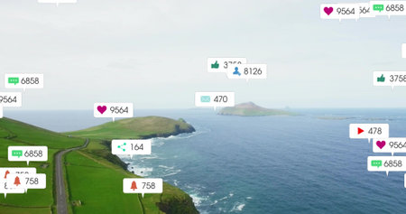 Showing coastal peninsula with winding road along green cliffs and pastures, floating social badges....