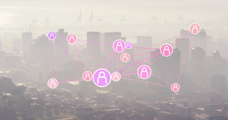 Showing network overlay connecting pink purple avatar icons above hazy urban harbor with cranes....