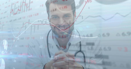 Leaning physician with white lab coat and stethoscope reviewing digital charts in clinic, overlays....