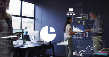 Gesturing pair wearing business casual, reviewing charts in office with tablet, screens, overlays....