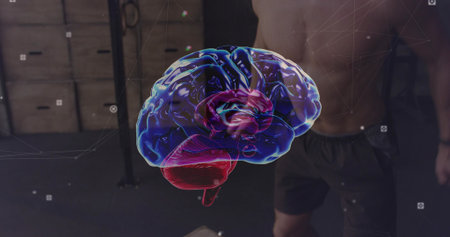 Floating 3D brain hologram pulsing above gym floor, with mesh overlay, shirtless man in dark shorts....