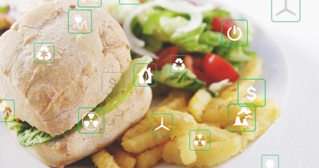Showcasing white ceramic plate holding crusty roll sandwich with lettuce, fries, salad, green icons....