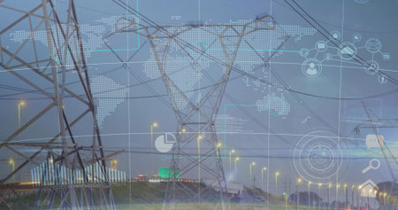 Dominating lattice towers spanning utility corridor at dusk, with power lines and digital overlay....