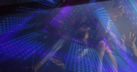 Dancing group of clubgoers moving on nightclub floor, with LED grid, spiked visor, wristbands, haze....