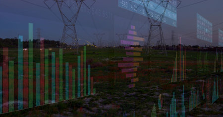 Showing high-voltage towers and power lines crossing grassy field with bare soil and data overlays....