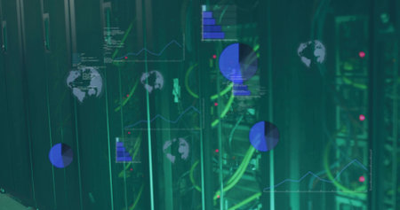 Showing server racks with switches and bundled green yellow cables in datacenter, with LEDs, charts....