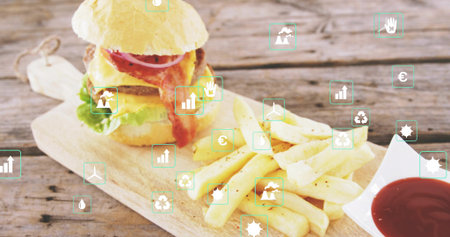Featuring cheeseburger and seasoned fries on wooden board at cafe table, turquoise UI icons. Beef,...