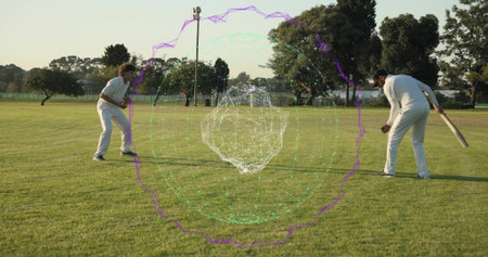 Standing cricket players wearing white on grassy field, holding wooden bat near holographic sphere....