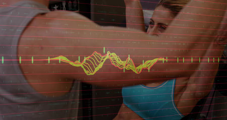 Pressing woman in turquoise sports bra at gym, gray sleeveless shirt spotting, red grid waveform....