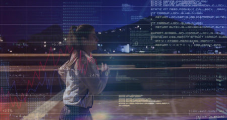 Running woman in light hooded jacket and dark pants on waterfront promenade at night, data overlays....