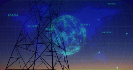 Silhouetting transmission tower at dusk, showing low-poly globe, wireframe grid and cyan readouts....