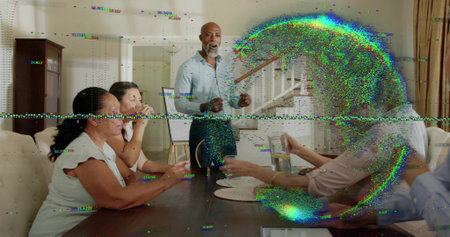 Speaking bearded man in light-blue shirt gesturing at dark wooden table in dining room with glitch....