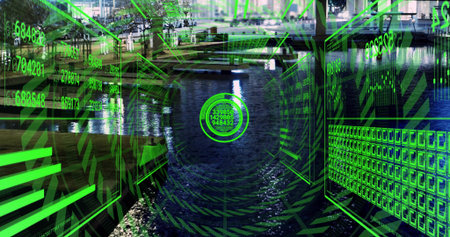 Floating green circular HUD reticle over canal at night with piers railings numeric readouts. Urban,...