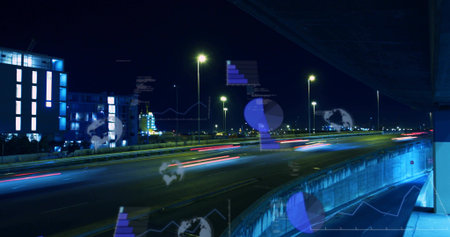 Highlighting curved roadway revealing red white light trails at elevated road, with data overlays....