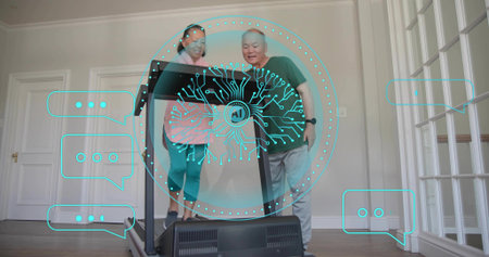 Standing couple in workout clothes checking treadmill display in home gym, with AI graphic overlay....