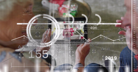 Holding smartphone, senior woman watching woman on screen in red top in living-room, HUD overlay....