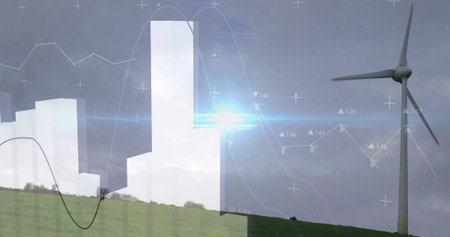 Standing white wind turbine rotating on right green hillside, showing data bars, graphs, copy space....