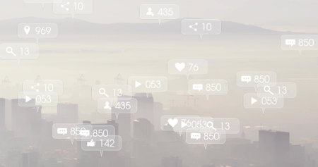 Floating semi-transparent social overlays hovering above hazy city skyline, with heart icons. Urban,...