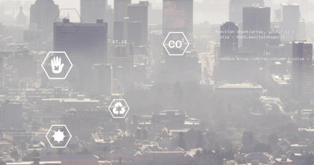 Displaying high-rises and rooftops rising in hazy smog over downtown, with hexagon UI, numeric data....