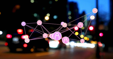 Floating digital mesh overlaying night street, connecting pink-purple user icons and moving cars....