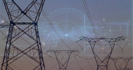Stretching steel lattice pylons receding across utility corridor at dusk with power lines, HUD....