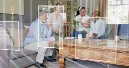 Chatting group of four adults sitting around home wooden table, holding bouquet, showing overlays....