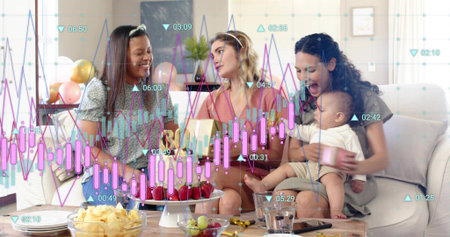 Laughing women holding baby on sofa at home, wearing pink dress, cake and charts overlaying....