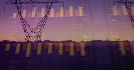 Framing steel lattice tower left of center in valley at dusk, carrying power lines, reflecting bars....