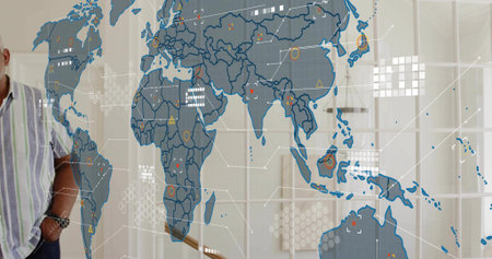Showing glass world map projecting data at stair, with man left wearing striped shirt, watch. Globe,...