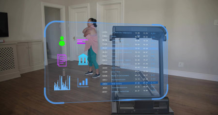 Standing Asian woman in pink tunic and mask, crossing arms near treadmill, with holographic UI....