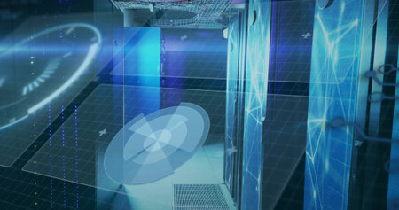 Glowing server racks lining right side, showing raised floor vents and AR overlays in server room....
