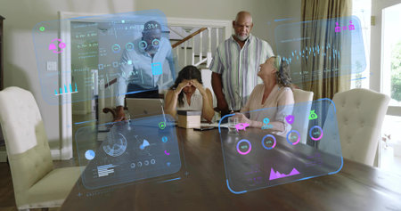 Gathering four adults debating holographic data at wooden dining table, with laptop, white shirt....
